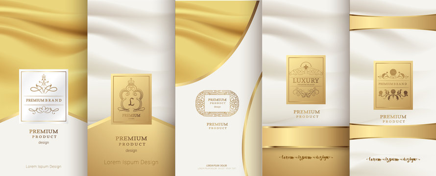 Collection of design elements,labels,icon,frames, for packaging,design of luxury products.for perfume,soap,wine, lotion. Made with golden foil.Isolated on gold color background.vector illustration