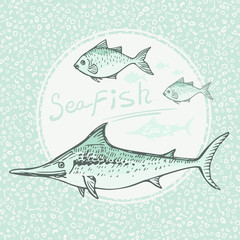 Vector vintage fish drawing. Hand drawn monochrome seafood illustration. Great for menu, poster or label
