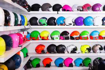 Sport store interior with nice skiing helmets