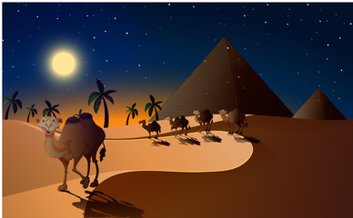 Fototapeta na wymiar Camels walking in the desert at night