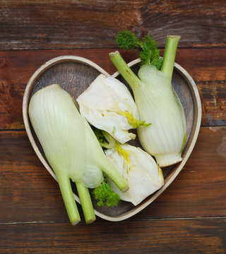 Fennell Vegetable Isoalted In Wooden Heart Box Shape. Square Image For Instagram.