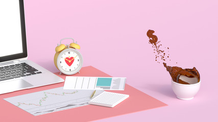 Coffee notebook investment time stock chart have fun profit 3D Illustration  picture for copy space minimal object concept pastel colorful lovely art