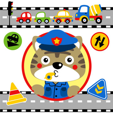 Traffic cop cartoon with vehicles, traffic signs. Eps 10