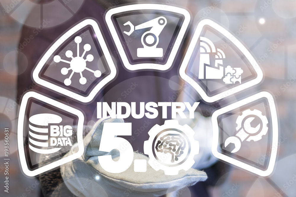 Poster industry 5.0. smart future manufacturing fifth generation. iot ai big data neural network nano quant
