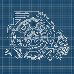 Drawing the electric motor section representing the internal structure and mechanisms. It can be used to illustrate the ideas related to science, engineering design and high-tech.