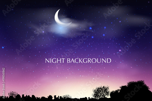 Blue Dark Night Sky Background With Half Moon Clouds And Stars