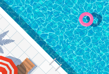swimming pool top view background. water ring umbrella lounger - obrazy, fototapety, plakaty