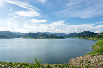 Naklejka na ściany i meble Lake with blue sky clouds background