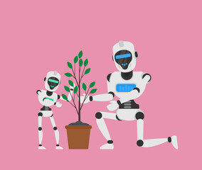 big and small robots planting a tree in pot