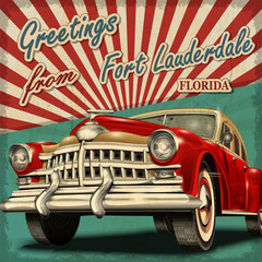 Vintage touristic greeting card with retro car.Fort Lauderdale. Florida.