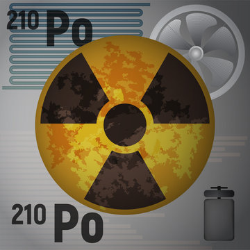 The radioactive isotope polonium 210. Po metal vector illustration. Danger sign.
