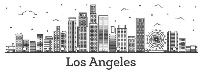 Naklejka premium Zarys panoramę miasta Los Angeles w Kalifornii z nowoczesnych budynków na białym tle.