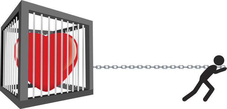 omino nero trascina la sua gabbia con il cuore