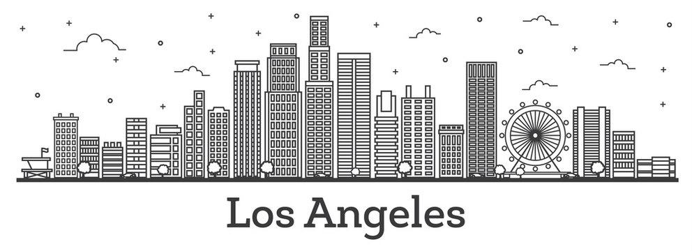 Outline Los Angeles California City Skyline with Modern Buildings Isolated on White.
