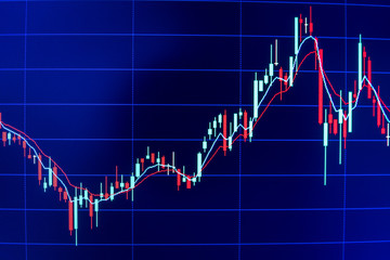 Stock market graph analysis. Stock market data on LED display on laptop screen for finance and economic. Business graph background.