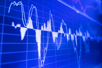 Stock market graph analysis. Stock market data on LED display on laptop screen for finance and economic. Business graph background.