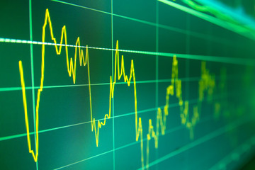 Stock market graph analysis. Stock market data on LED display on laptop screen for finance and economic. Business graph background.
