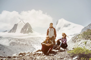 Fototapeta premium Three friends travel adventure mountains