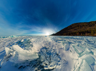Naklejka premium Panorama of the blue hummocks of Lake Baikal at sunset