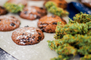 Cookies with cannabis and buds of marijuana on the table. Concept of cooking with cannabis herb....