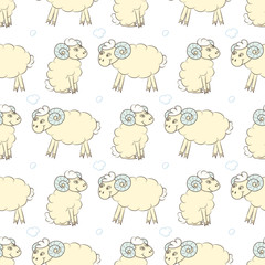 Seamless pattern background with cute sheep. Vector illustration. Design for packaging.