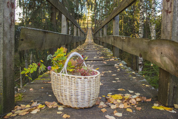  Wicker basket on a suspended bridge in autumn