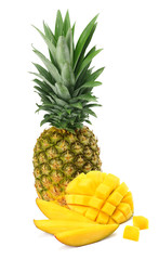 Ripe pineapple with mango isolated on white background