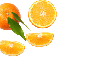 healthy food. sliced orange with green leaf isolated on white background top view