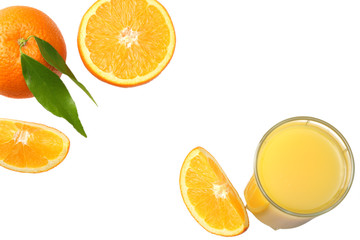 orange juice with sliced orange and green leaf isolated on white background. top view with copy space