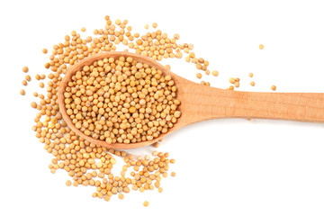 mustard seeds in wooden spoon isolated on white background. top view