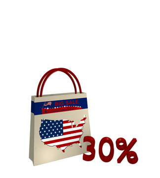 Einkaufstasche mit Sale Werbung für den Unabhängigkeitstag einen Kartenausschnitt der USA und Text 30%, 3d render