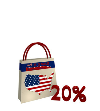 Einkaufstasche mit Sale Werbung für den Unabhängigkeitstag einen Kartenausschnitt der USA und Text 20%, 3d render