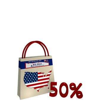 Einkaufstasche mit Sale Werbung für den Unabhängigkeitstag einen Kartenausschnitt der USA und Text 50%, 3d render