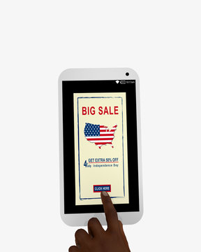 Handy mit Sale Werbung und einer Hand die auf einen button drückt. Auf weiß isoliert, 3d render