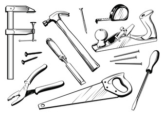 Vector set of joiner's tools. Black and white elements for woodworking carpentry illustration.