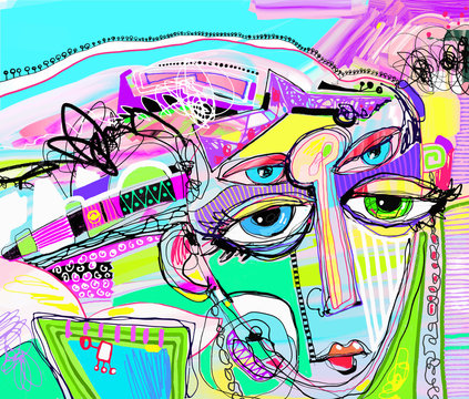 original abstract digital painting of human face, colorful compo