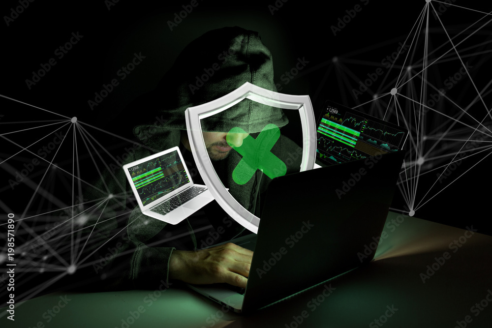 Poster hacker man in the dark using computer to hack data and information system