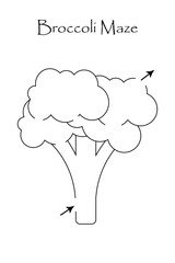 First labyrinth game, find a way out of the maze, easy level for toddlers, cartoon broccoli, preschool worksheet activity for kids, task for the development of logical thinking, vector illustration