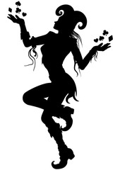 Fototapeta na wymiar Joker Girl silhouette/ Illustration dancing joker woman. She is juggling with card suits