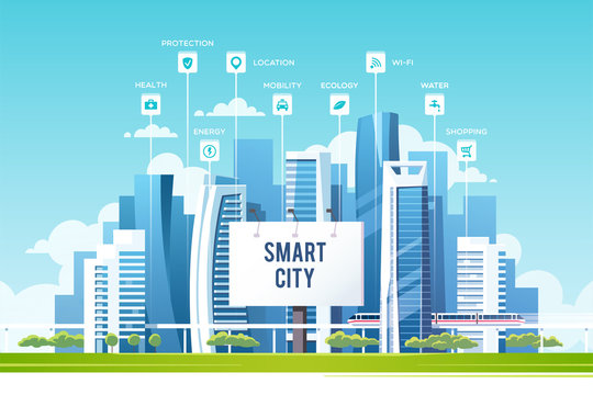 Urban landscape with buildings, skyscrapers and subway. Concept of smart city with different icons. Vector illustration.