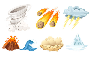 Naklejka premium Natural cataclysm icons set. Tsunami wave, tornado swirl, flame meteorite, volcano eruption, sandstorm, deglaciation, storm. Cartoon style color icon. Vector illustration isolated on white background