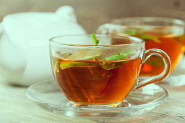 Cup of tea on wooden table