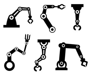 Black silhouettes. Set of robotic arms. Robotic arm manufacture. Cartoon style icon. Vector illustration isolated on white background