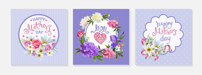 Fototapeta na wymiar Happy Mothers Day. Set of three templates with pink Peony, violet Irises, Zephyranthes, Roses flowers, hand-drawn lettering for MOM. Design elements for greeting cards, invitations, posters, banners