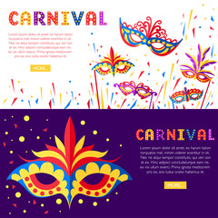 Carnival concept with carnival face masks. Masks for party decoration or masquerade. Mask with feathers. Vector illustration on white and purple background. Web site page and mobile app