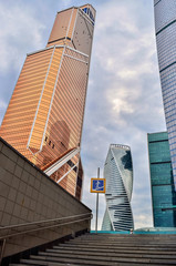 bottom view of skyscrapers of Moscow city at the exit of the underpass