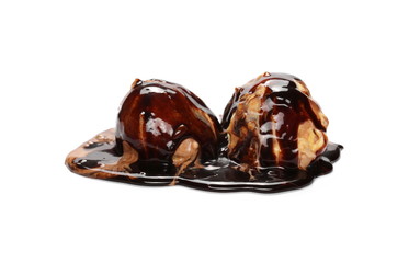 Ice cream balls, scoops with chocolate topping isolated on white background