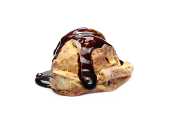 Vanilla ice cream ball with chocolate topping isolated on white background