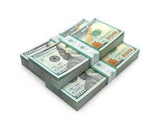 Packs of hundreds of dollars on a white background. 3D illustration
