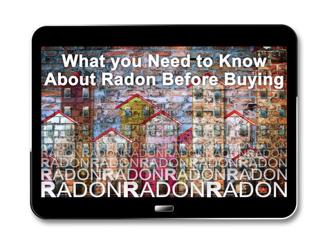 What you nedd to know about radon gas before buying - Concept image with 3D render of a digital tablet and buildings on background against a brick wall